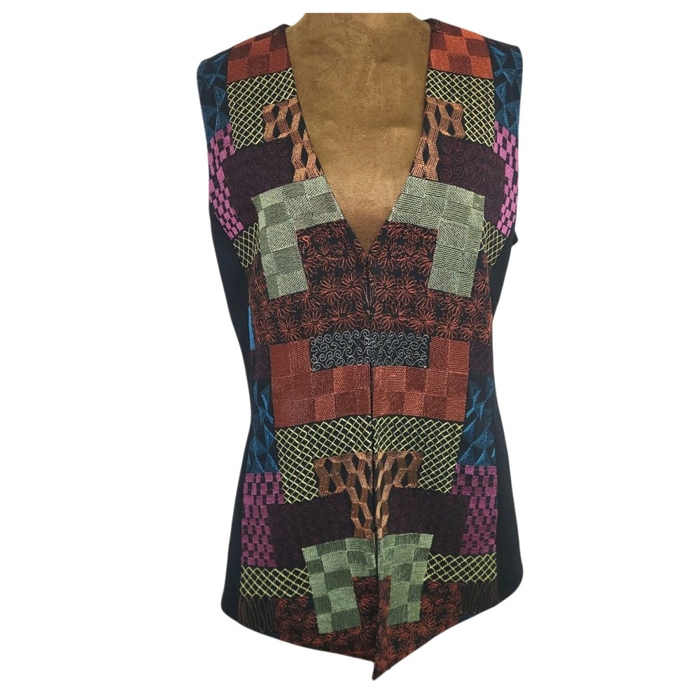 Chico's Womens Size 1 Vest Textured Embroidered Colorful Medium 90s Art To Wear
